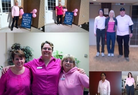 A collage of images of field staff wearing Pink Shirts