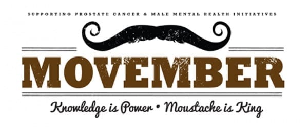 Movember logo stating knowledge is power, moustache is king