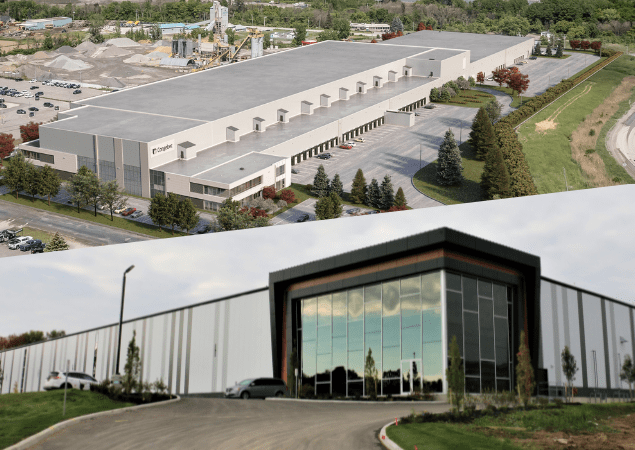 Exterior shots of industrial properties in Mascouche, Quebec, and Woodstock, Ontario