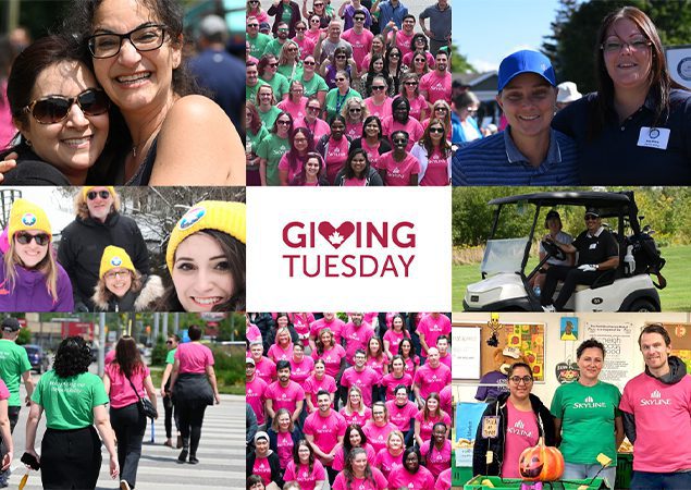 Collage of various fundraising events, including golfers at a charity tournament, people collecting food for a food drive, and people participating in a charity walk.