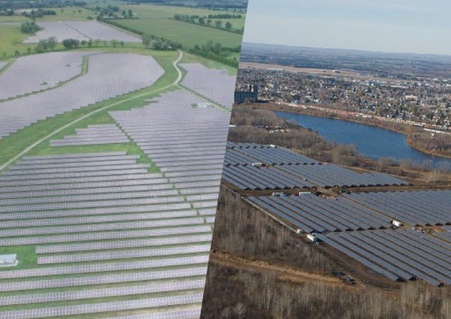 Overhead view of a field of solar panel installations in Ontario.