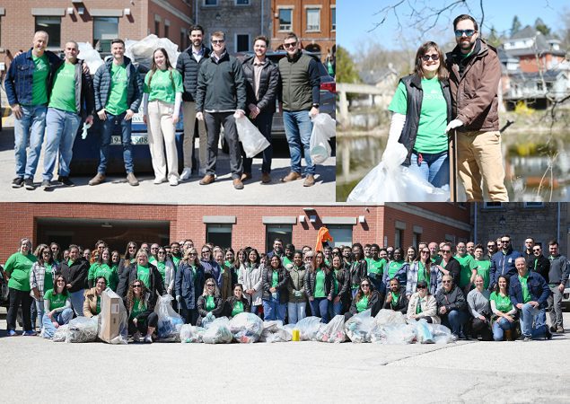 Un groupe de personnes aux chandails verts ramasse des déchets dans le cadre d’une activité communautaire.